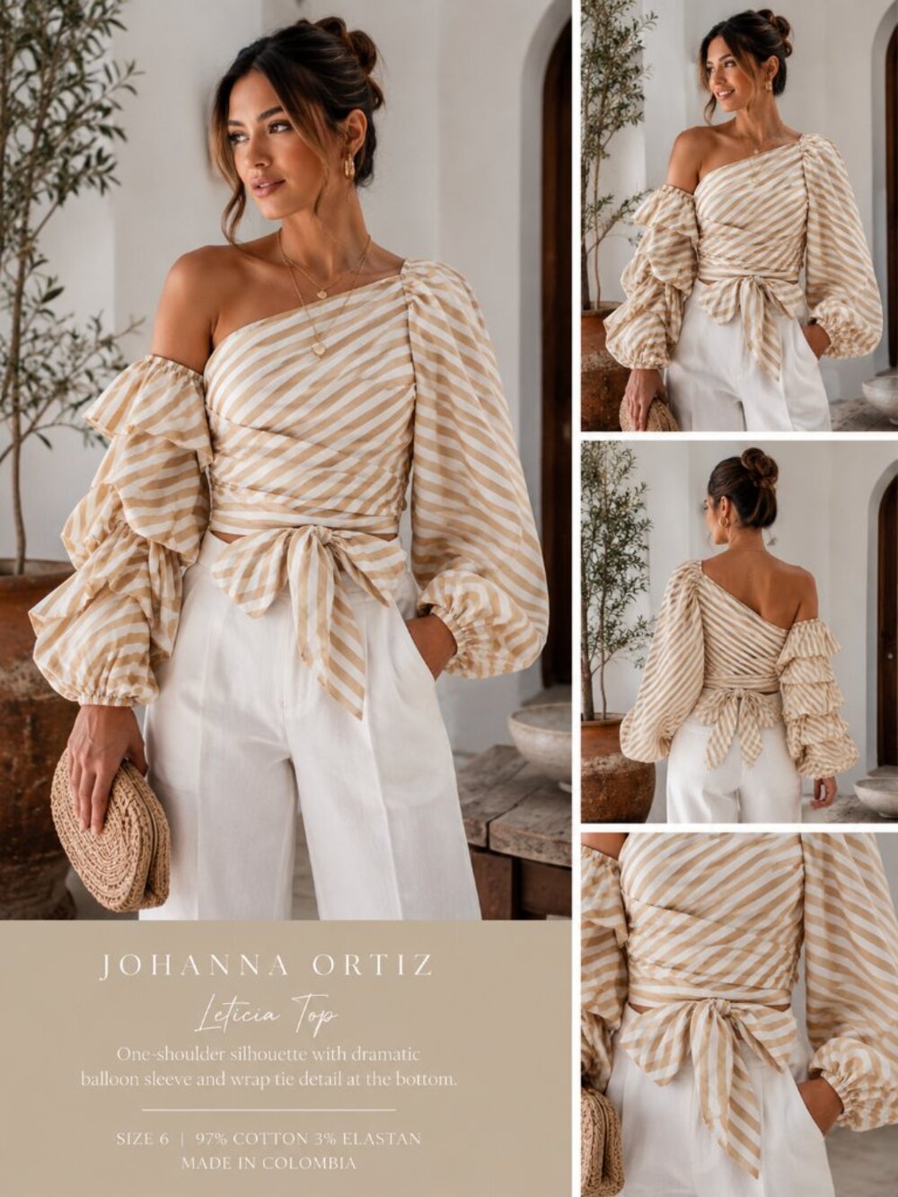 Johanna Ortiz Leticia Asymmetric Wrap Top Size 6 Striped Statement Sleeve